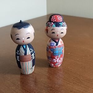 Vintage Kokeshi Dolls Japanese Hand Crafted Wood Painted Man Woman Formal Dress